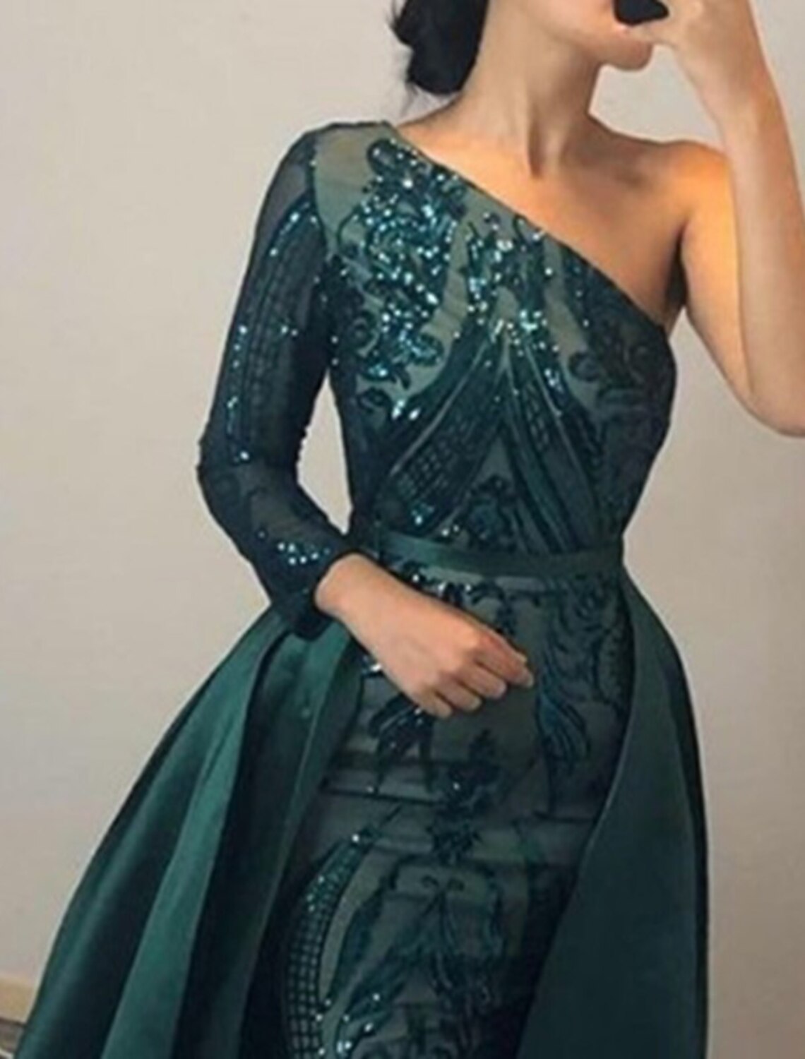Vestido de noche elegante de sirena/trompeta, vestido formal de boda, cola de corte, manga larga, un hombro, satén desmontable con lentejuelas